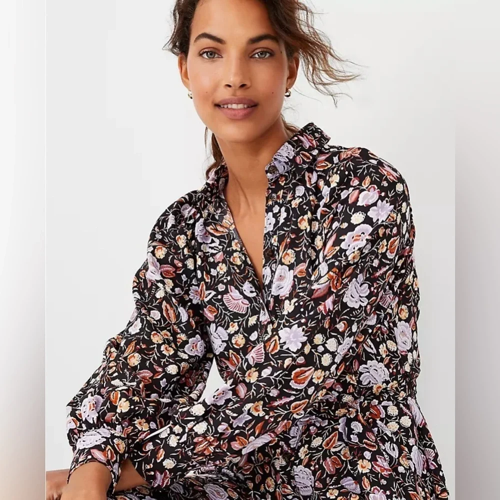 Ann Taylor Dark Floral Shirtdress Size 4 Midi Cottagecore Classic Black Multi